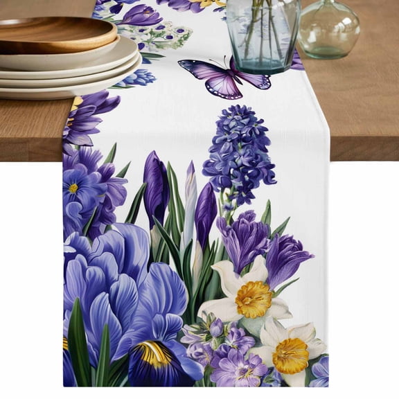 Table Runner 48 Inches Long for Kitchen Dining, Spring Floral Dresser Scarf Farmhouse, Dining Table Decorations for Wedding/Parties, Purple Tulips Hydrangeas Butterflies Flowers 13 x 48 In
