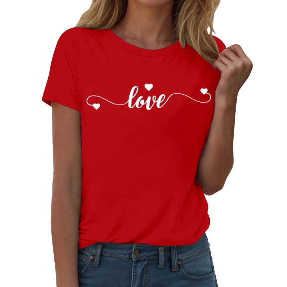 Gkeoshab Valentine's Day Red Short Sleeved T-Shirt for Women Heart Print in Cotton Cute Casual Tee Brick Red L