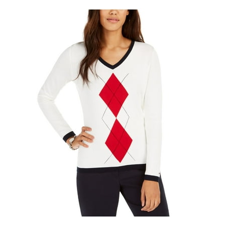 TOMMY HILFIGER $69 Womens New White Argyle V Neck Long Sleeve Sweater S B+B