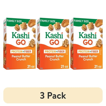 (3 pack) Kashi GO Peanut Butter Crunch Breakfast Cereal, Fiber Cereal, Family Size, 21 oz