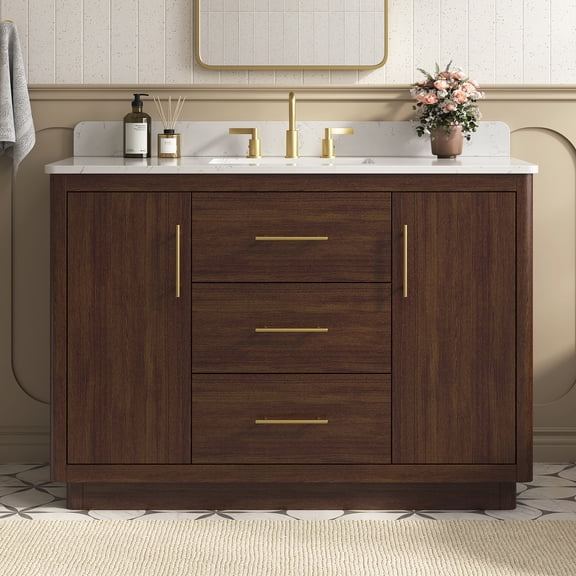 DELUXE LIVING 48" Bathroom Vanity with Undermount Single Sink，Fully Assembled Wood Vanity with Engineered Marble Top，Warm elm