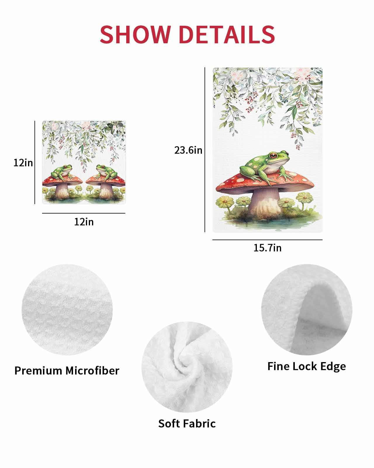 Mushroom Frogs Kitchen Dish Towels for Drying Dishes Set of 3, Spring Floral Summer Eucalyptus Leaves Waffle Weave Microfiber Hand Tea Bathroom Towels Quick Dry & Absorbent Towel 12x12