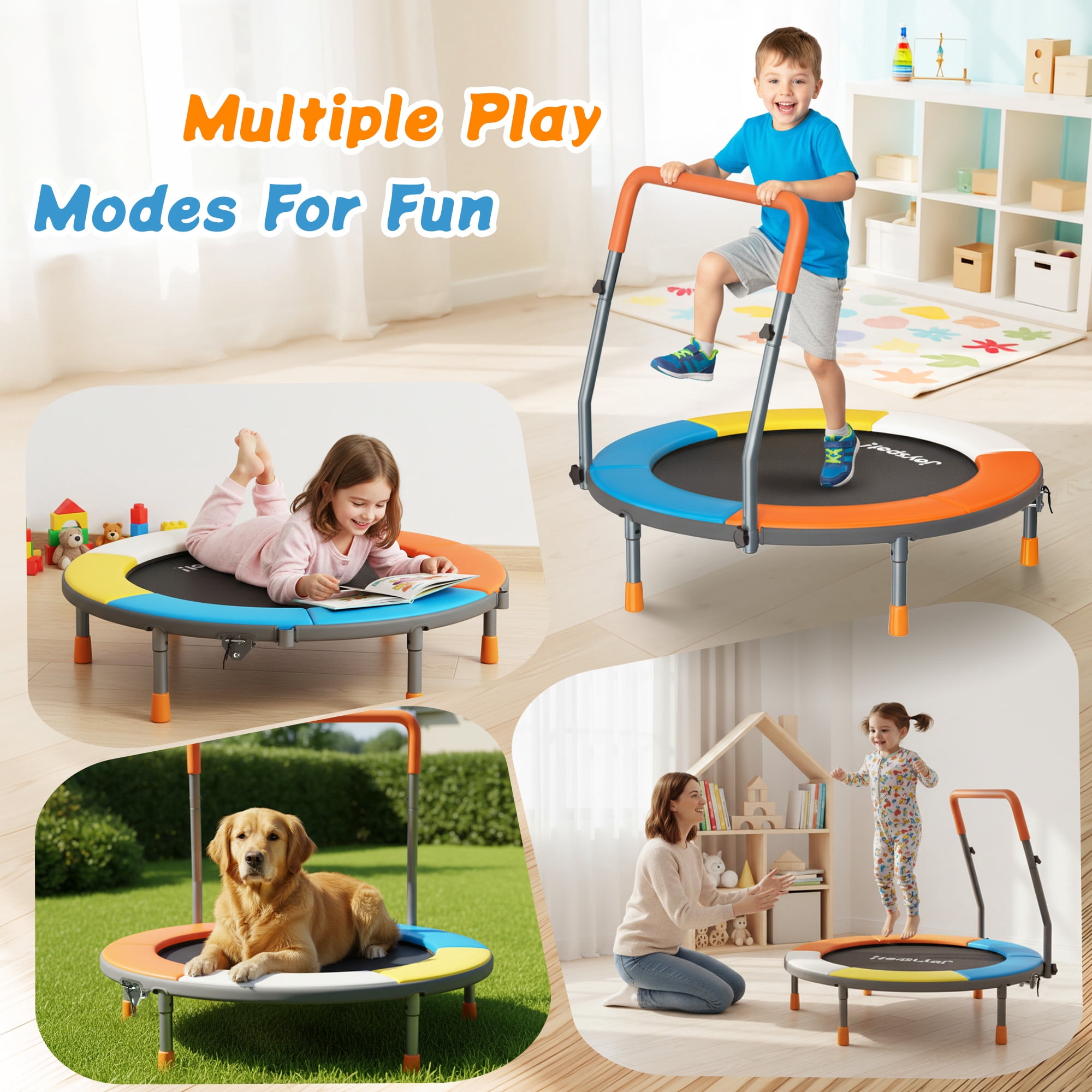 3FT Foldable Trampoline for Kids Ages 1-6 Indoor Outdoor Fun, 36” Mini Small Trampoline with Foam Handle, Safety Padded Cover, Height-Adjustable, Max Load 100LBS, Perfect Toddler Baby Jumping Mat