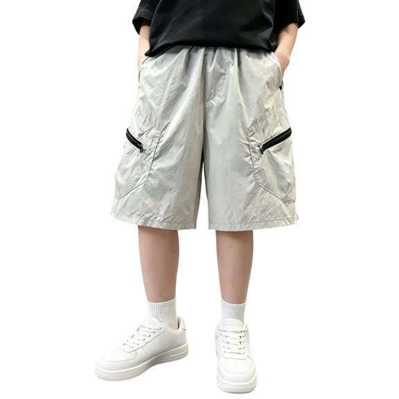 Boys Zipper Pocket Cargo Shorts, Elastic Waist Lightweight Wide‑Leg Casual Shorts With Pockets for Big Kids