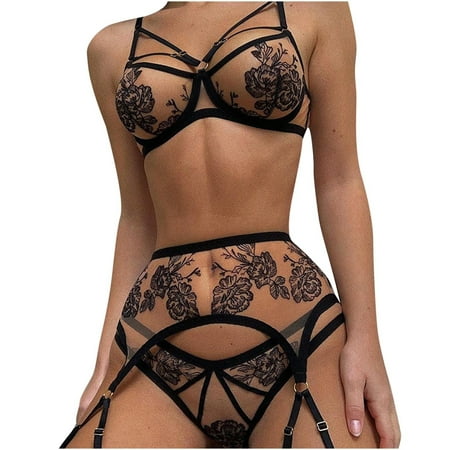 

Lingerie Set Crotchless Lingerie For Women Women Exquisite MeshLingerie Bra+Garter+Briefs Set Babydoll Cut-Out Sleepwear Black