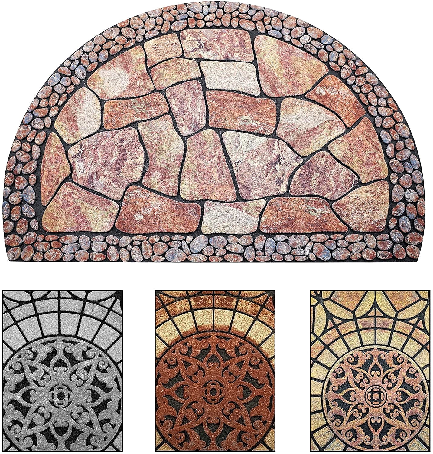 Decorative Doormat Outdoor Rubber Mat for Front Door Entrance Mat Indoor 2x3 Rug for Front Door Entry Non Slip Mat Outside Doormat Half Round (Cobble)