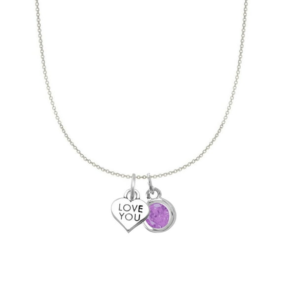 Precious Stars Sterling Silver Love You Heart and February Birthstone Charm Necklace