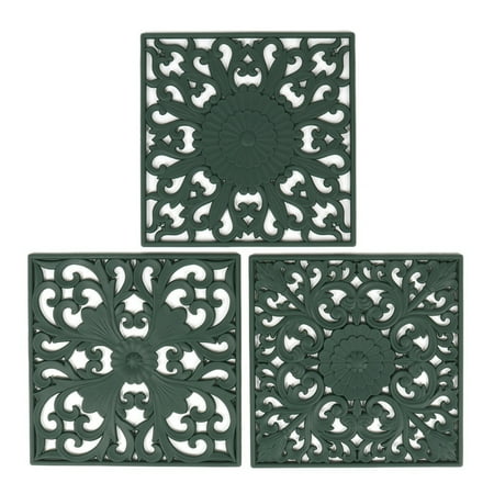 

3Pcs/Set Square 3D Embroider Silicone Placemat Oil Resistant Heat Insulation Tablemat Coaster(Green)