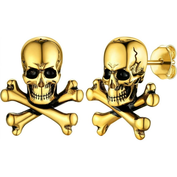 (Gift Of K) 18K Gold - Skull and Crossbones Studs --- GoldChic Jewelry Skull Stud Earrings for Men, Gothic Retro Vintage Stainless Steel Skeleton Huggie Earrings