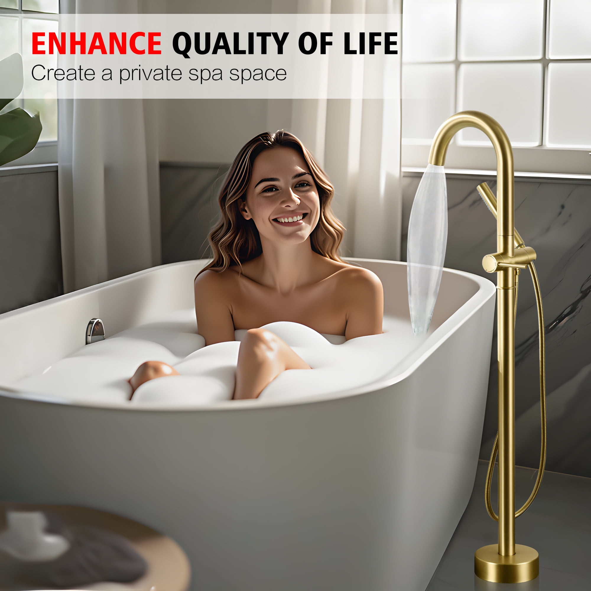 sumerain Freestanding Tub Faucet Brushed Gold, Brass Floor Mount Bathtub Filler Faucet with Handheld Sprayer for Bathroom, High Flow