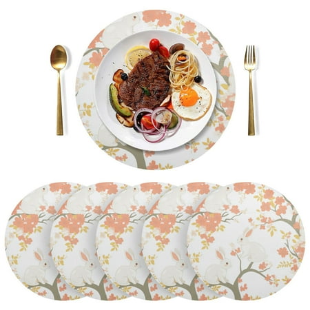 

Qxltty 15inch Round Placemats Set of 6 Polyester Fabric Heat Resistant Washable Table Mat for Kitchen Party Decor Cute Rabbits on Orange Flowers