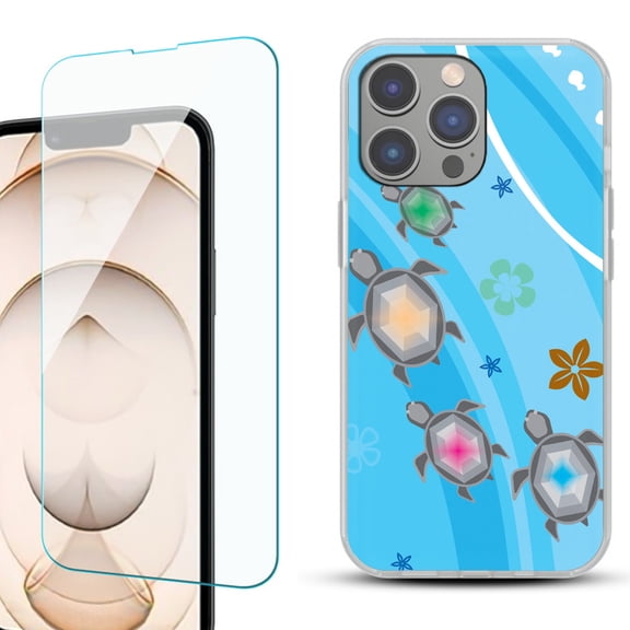 OneToughShield ® for iPhone 15 Pro Max Shockproof Fashion Phone Case, with Tempered Glass Screen Protector - Happy Turtle