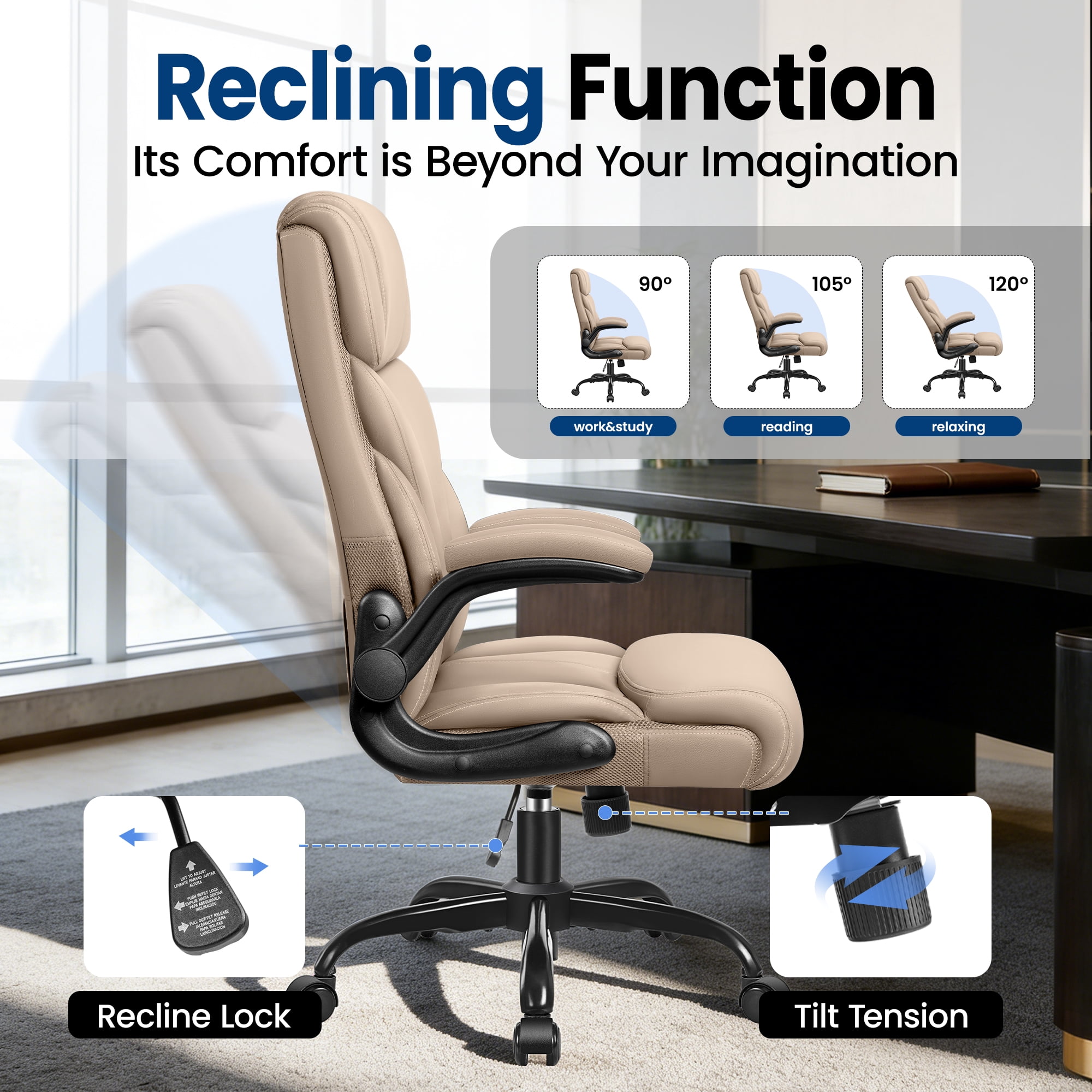 STACOO High Back Executive Office Chair 400lbs, Big and Tall Ergonomic Desk Chair with Lumbar Support & Flip-up Armrests, PU Leather Swivel Chair with Adjustable Height – Beige