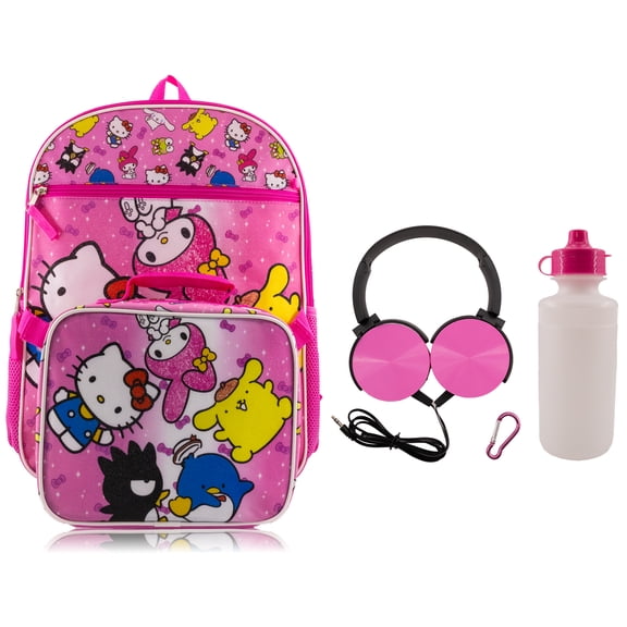 Sanrio Hello Kitty Backpack With Lunch Box for Kids | Insulated Lunch Bag Lunch Box for Girls, Boys, Toddlers | Backpack for School and Reusable Lunchbox with Matching Headphones and Water Bottle