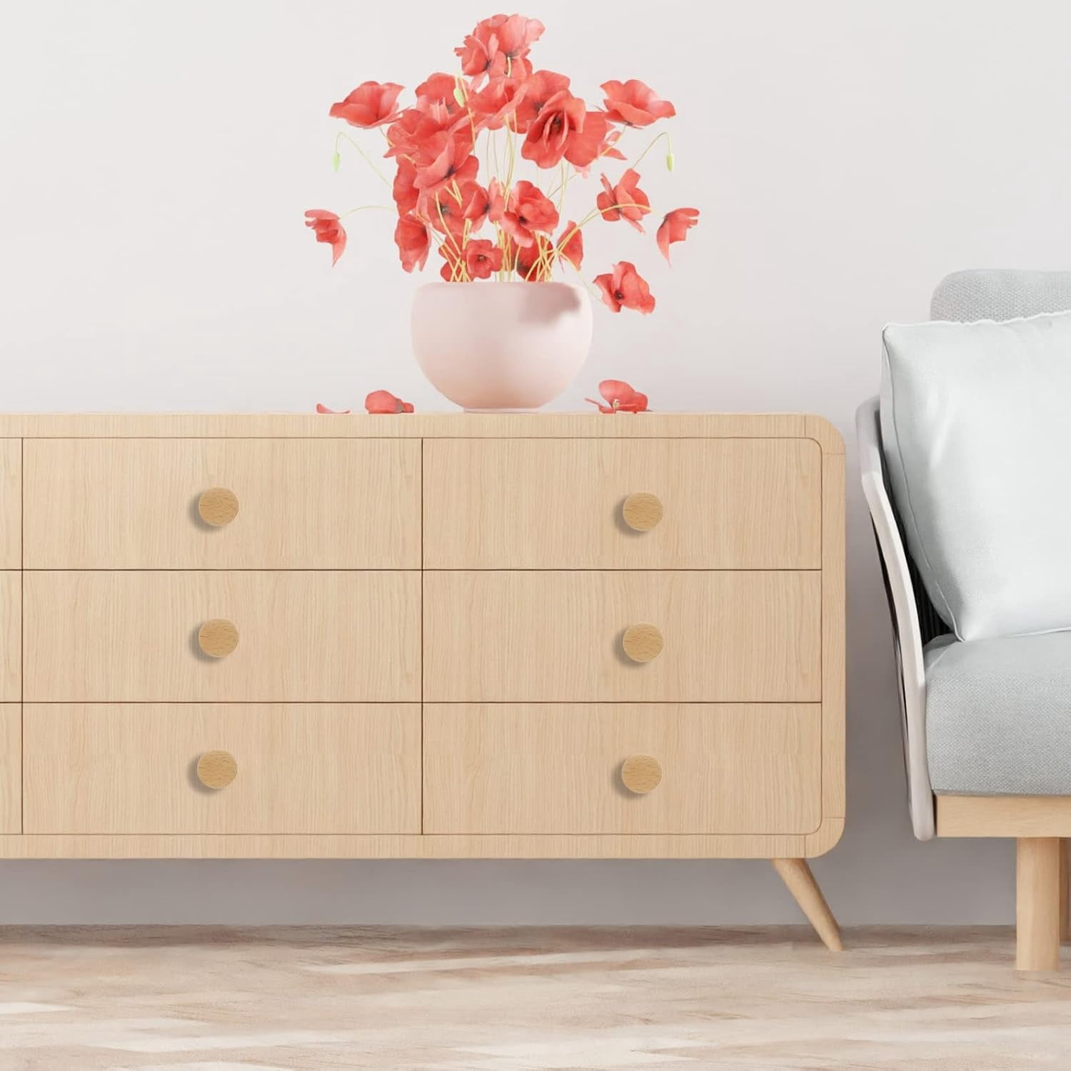 ABCISI 6PCS Round Wooden Single Hole Drawer Handles with 6 Screws, 1.56" Cabinet Knobs 1 Hole Hardware Handles Decorative Furniture Knobs for Dresser Wardrobes (Beech)