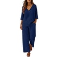 thumbnail image 2 of Cagogo Women Plus Size V Neck 3/4 Sleeve T Shirt Wide Leg Pants Two Piece Set Solid Boho Lounge Wear Casual Loose Outfits Spring Summer Travel Clothes, Navy 3XL, 2 of 5