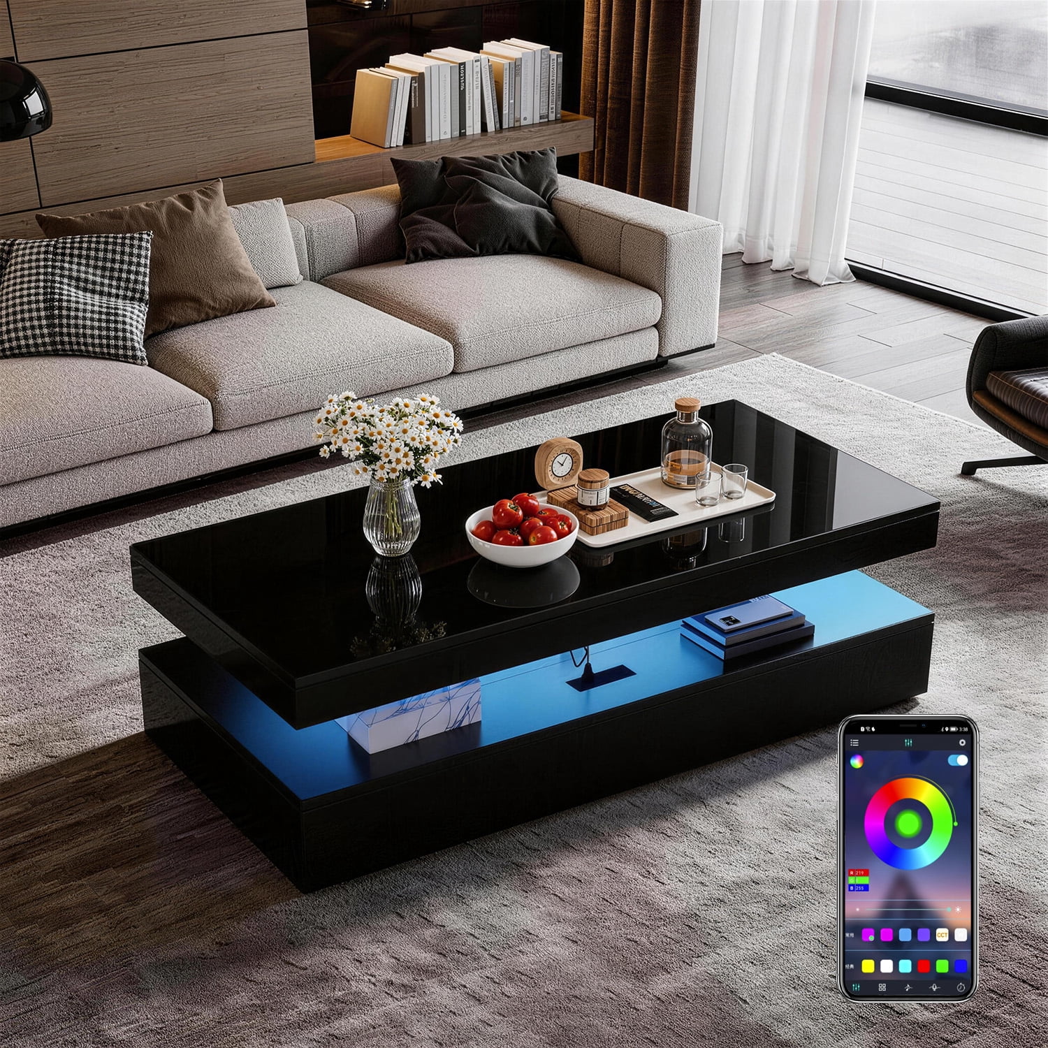 BaPiPro LED Coffee Table with 2 Storage Drawers, Modern Center Table with USB Charging & Smart Control for Living Room, 39" Black