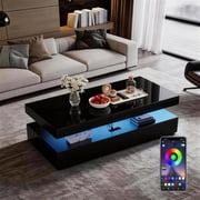 BaPiPro LED Coffee Table with 2 Storage Drawers, Modern Center Table with USB Charging & Smart Control for Living Room, 39 Black
