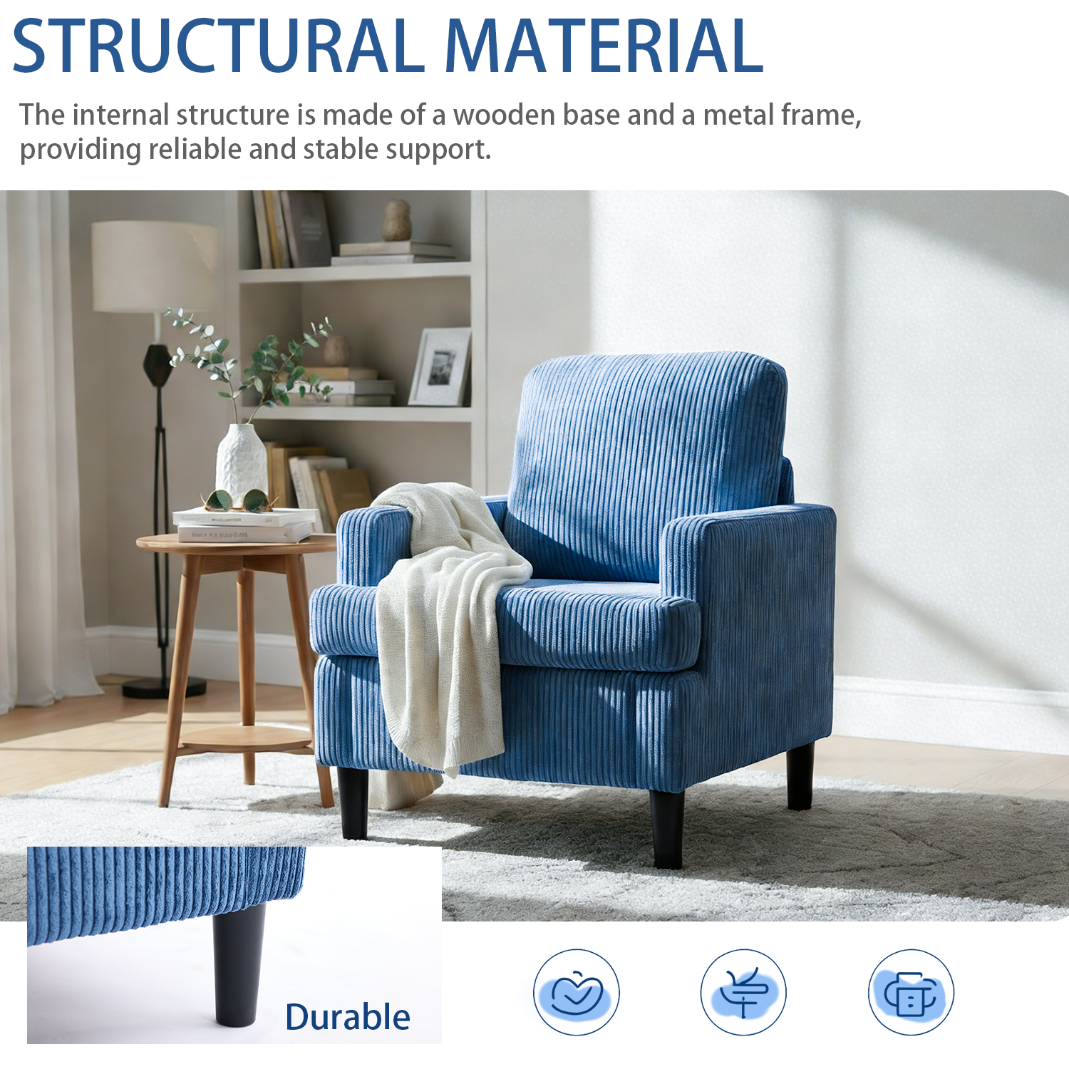 Modern Accent Chair Cozy Living Room Chairs Mid Century Modern Accent Chairs Reading Chair with Armrests for Living Room, Bedroom and Study（Blue）