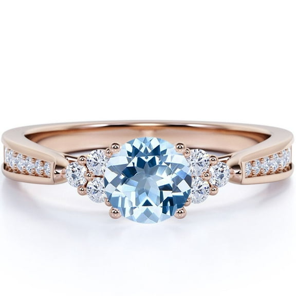 JeenMata 1 carat Round Dark Blue Created Aquamarine Tapered Art Deco Engagement Ring in 18k Rose Gold over Silver