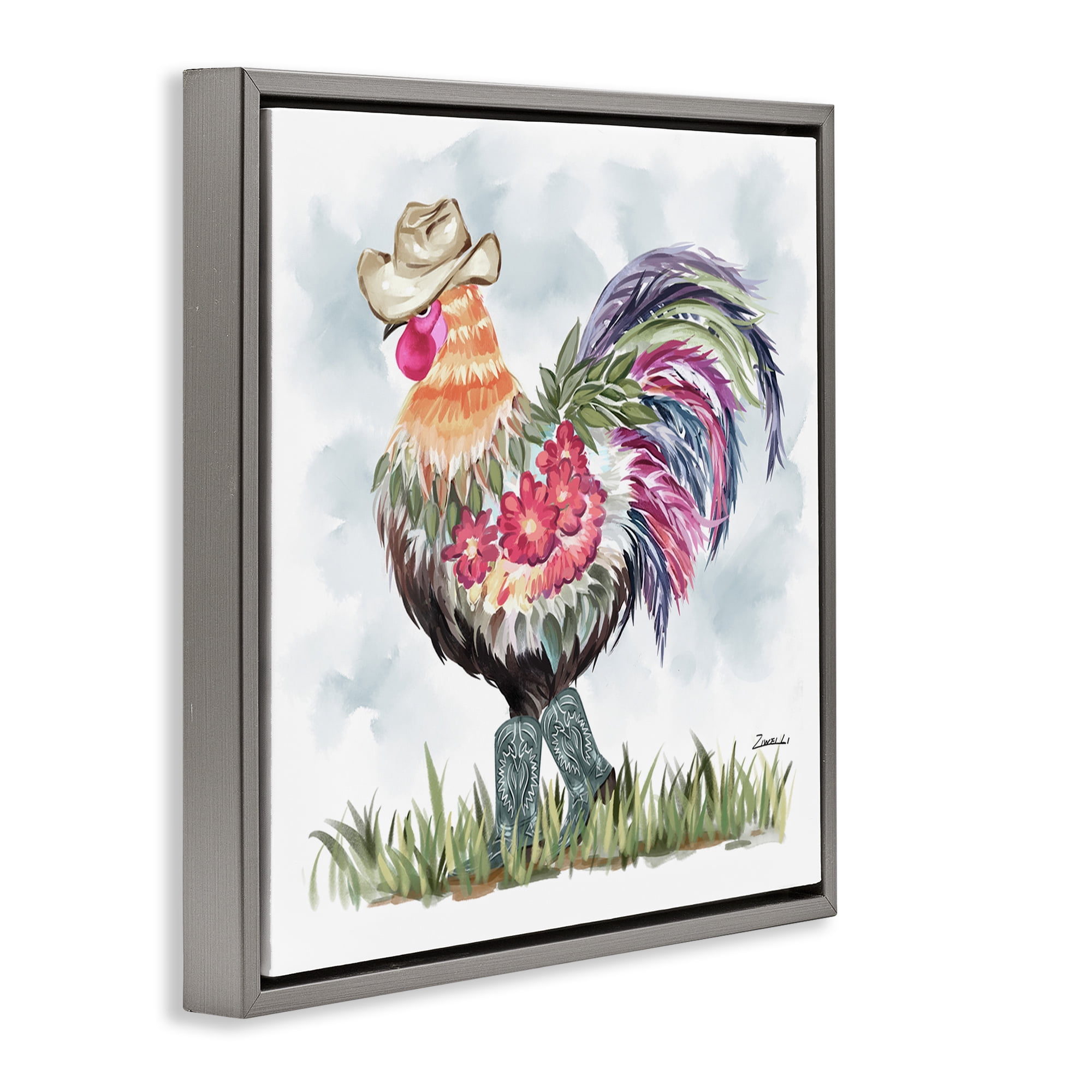 Stupell Industries Cowboy Floral Hen Animals & Insects Painting Gray Floater Framed Canvas Art Print Wall Art, 18 x 18