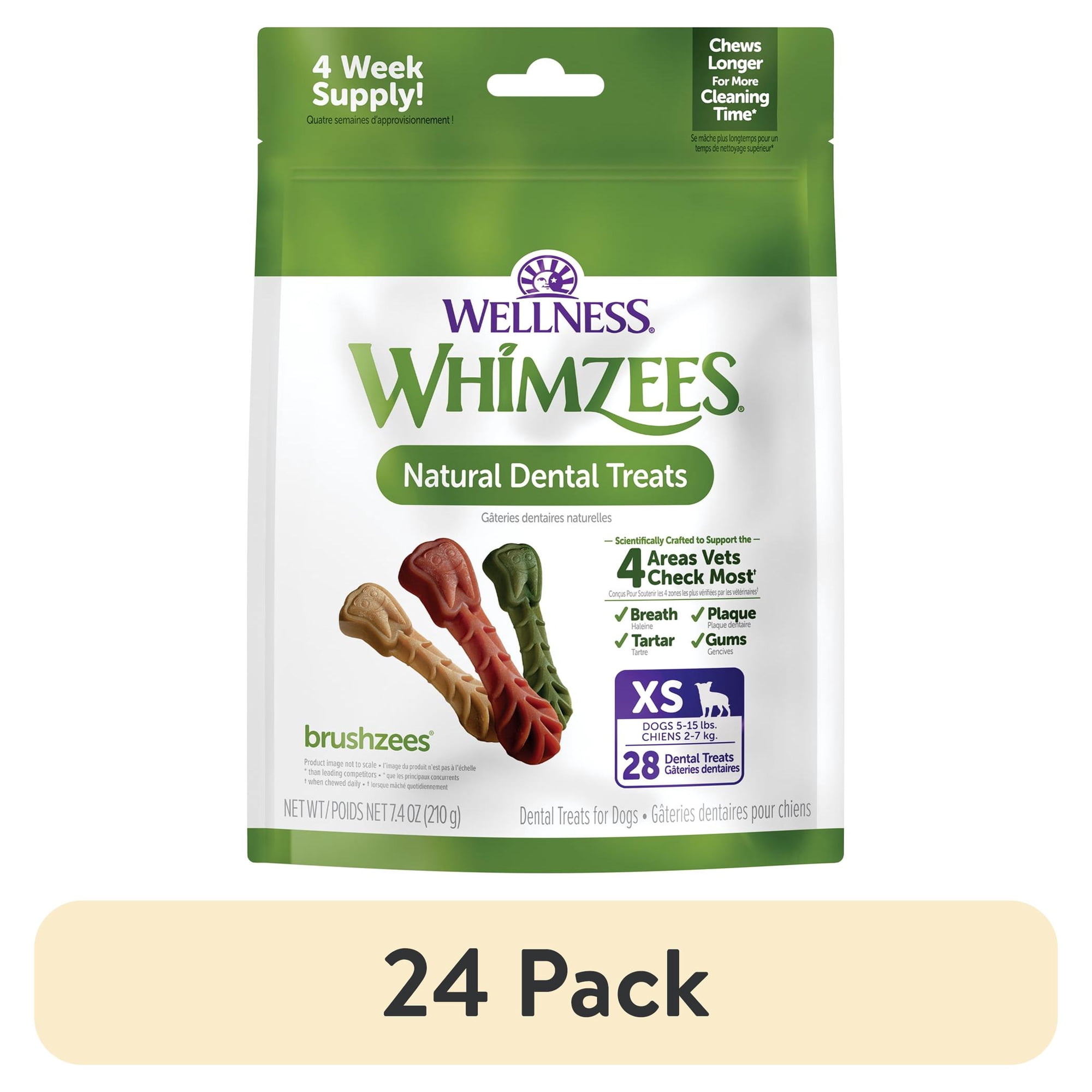 (24 pack) Wellness WHIMZEES Daily Brushzees Natural Dog Dental Treat, VOHC Accepted Chews, Freshens Breath, Extra-Small Size, 7.4 oz Bag, 28 Count