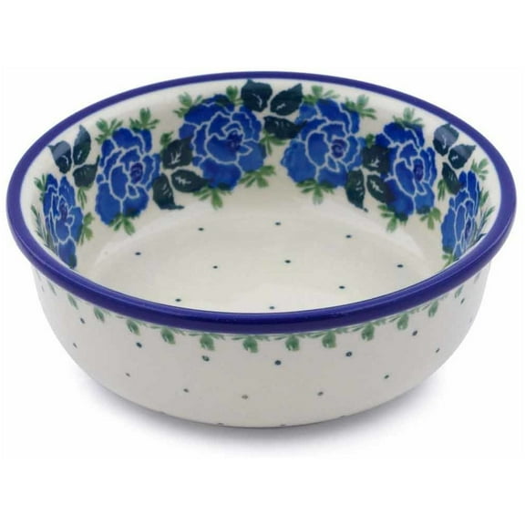 Polish Pottery Bowl 5-inch Polmedia Blue Rose Theme Hand Painted in Boleslawiec, Poland Certificate of Authenticity