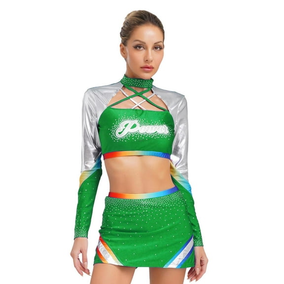 iiniim 2 Piece Women Cheer Leader Costume Top Skirt Cosplay Cheer Halloween Cheerleading Party Green S