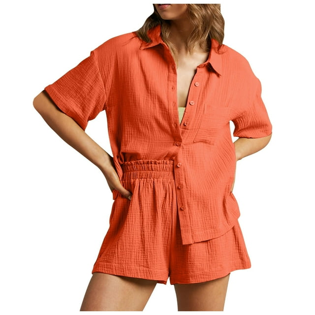 Ensemble Deux Pièces d'Été pour Femmes Shorts et Chemise en Polyester Mode Décontractée pour Usage Quotidien