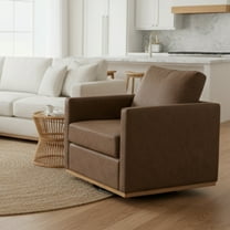 GOMYHOME Modern Brown Faux Leather Swivel Accent Chair with Wood Base, 360° Rotating Armchair