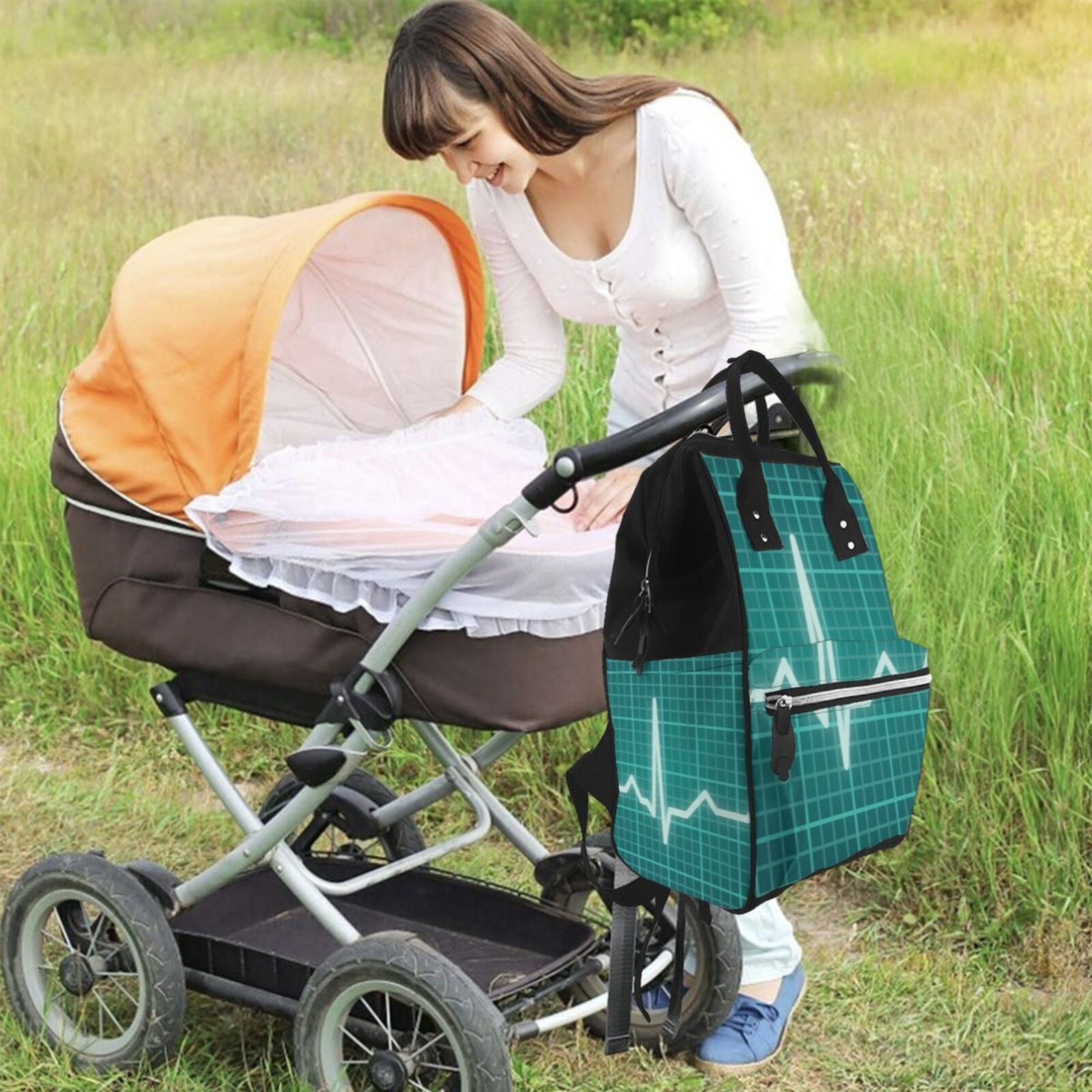 Ratiio ECG Wave Mummy Backpack - Waterproof Twill Canvas, Large Capacity Diaper Bag with Multiple Pockets and Adjustable Straps