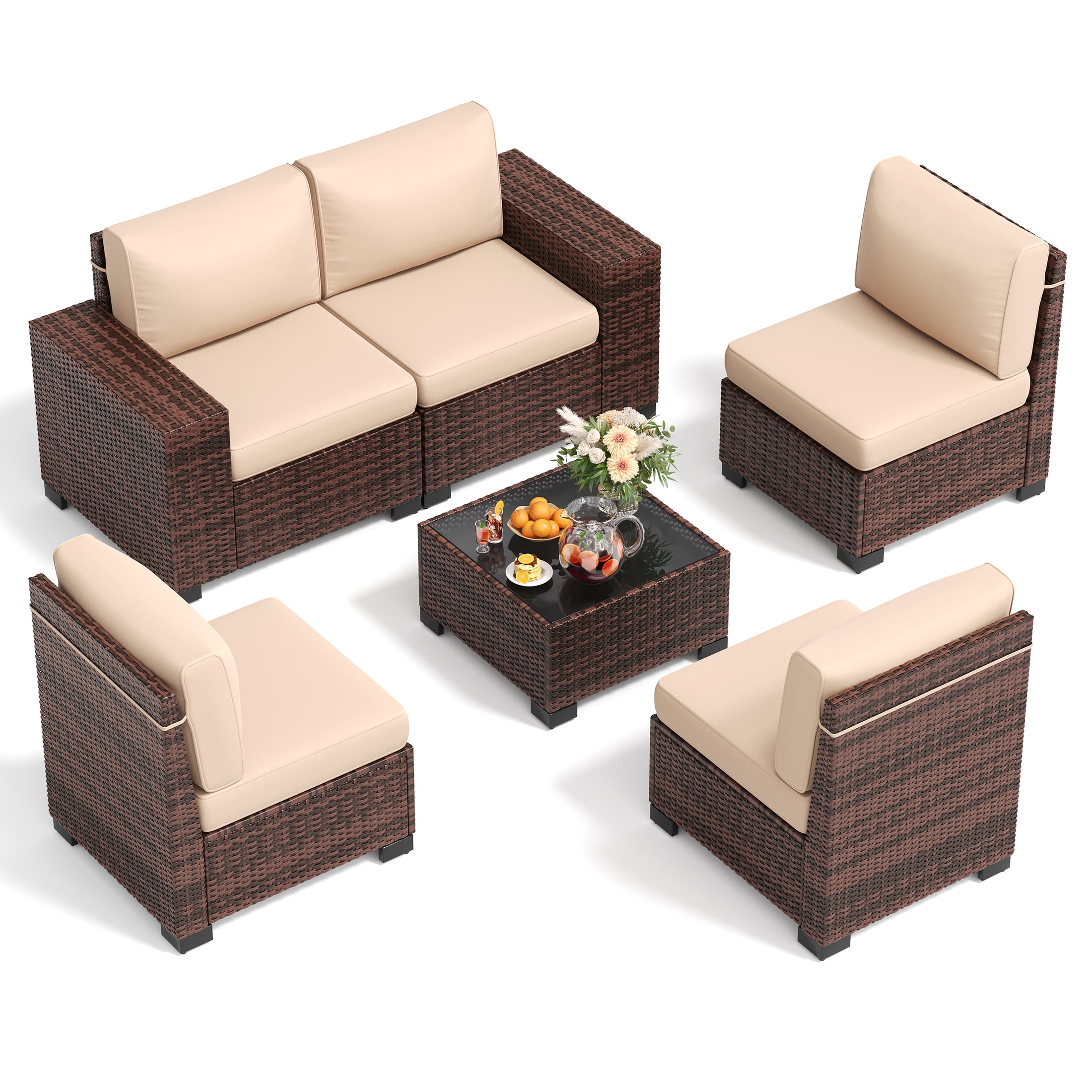 Techmilly 6-Piece Patio Furniture Set, Outdoor Patio Sofa Set With Wide Armrest, All-Weather Wicker Rattan Guest Set With Cushion And Glass Table And Waterproof Cover, Brown & Khaki