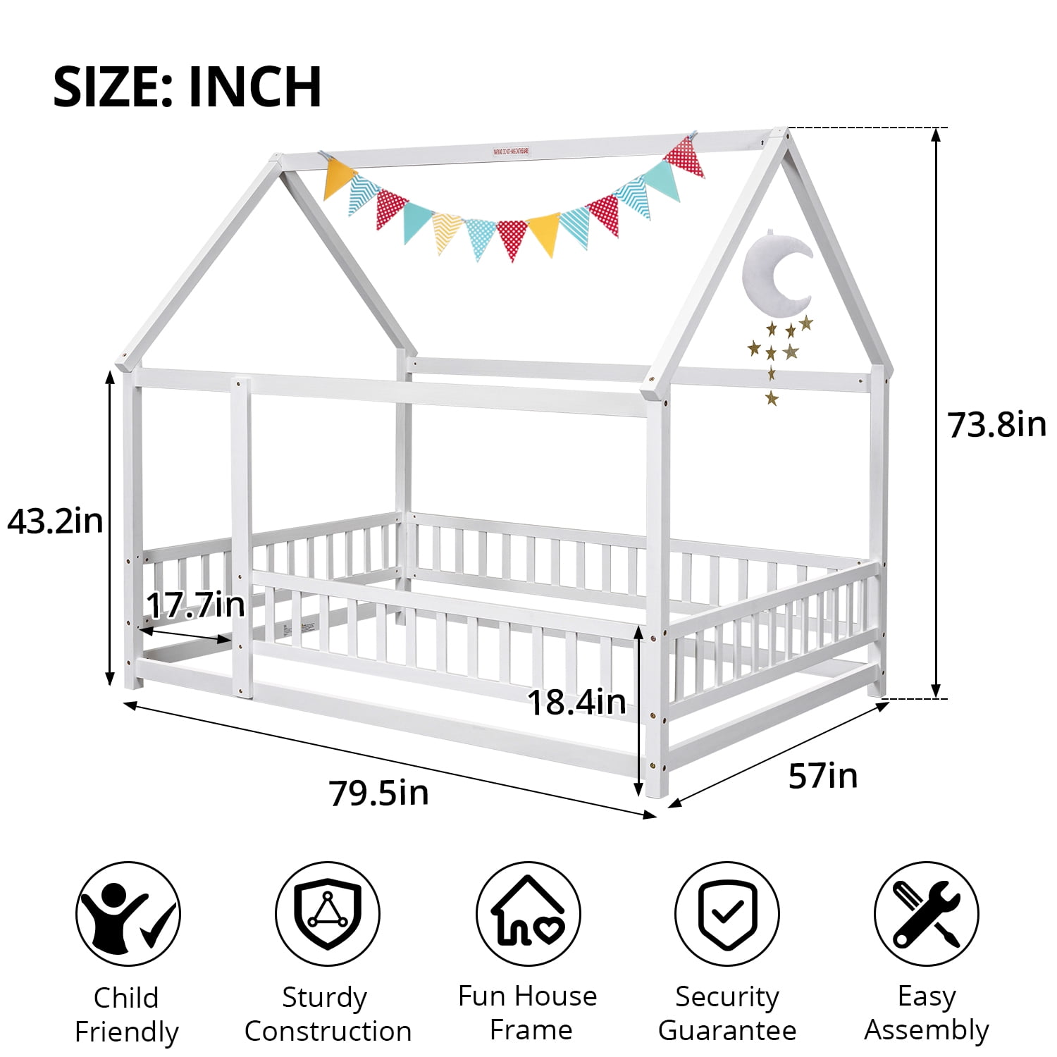 Full Size House Floor Bed with Roof, Wooden Floor Bed Frame with Door Frame and Safety Fence, Montessori House Floor Bed for Boys and Girls, White
