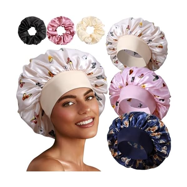 wonima11 3+3 Large Satin Bonnets with Scrunchies for Women, Wide Band Hair Bonnet for Sleeping Braids Curly Hair