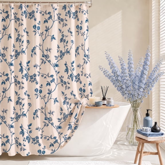 Dznils Linen Blend Shower Curtain, Farmhouse Bathroom Floral Shower Curtains, French Country Cottagecore Bathroom Decor, 72" x 72", Blue Floral Design, Beige