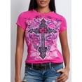 thumbnail image 6 of Yunliwuli Women Short Sleeve T-Shirts Fashion Cross Print Crew Neck Shirts Summer Casual Slim Fit Tops Streetwear, 6 of 10
