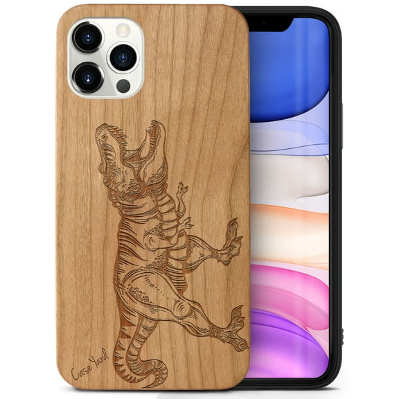 Case Yard Wooden Case Outside Soft TPU Silicone, Slim Fit Shockproof Wood Protective Phone Cover for Girls Boys Men and Women, Supports Wireless Charging T-Rex Design case for iPhone-12/12-Pro