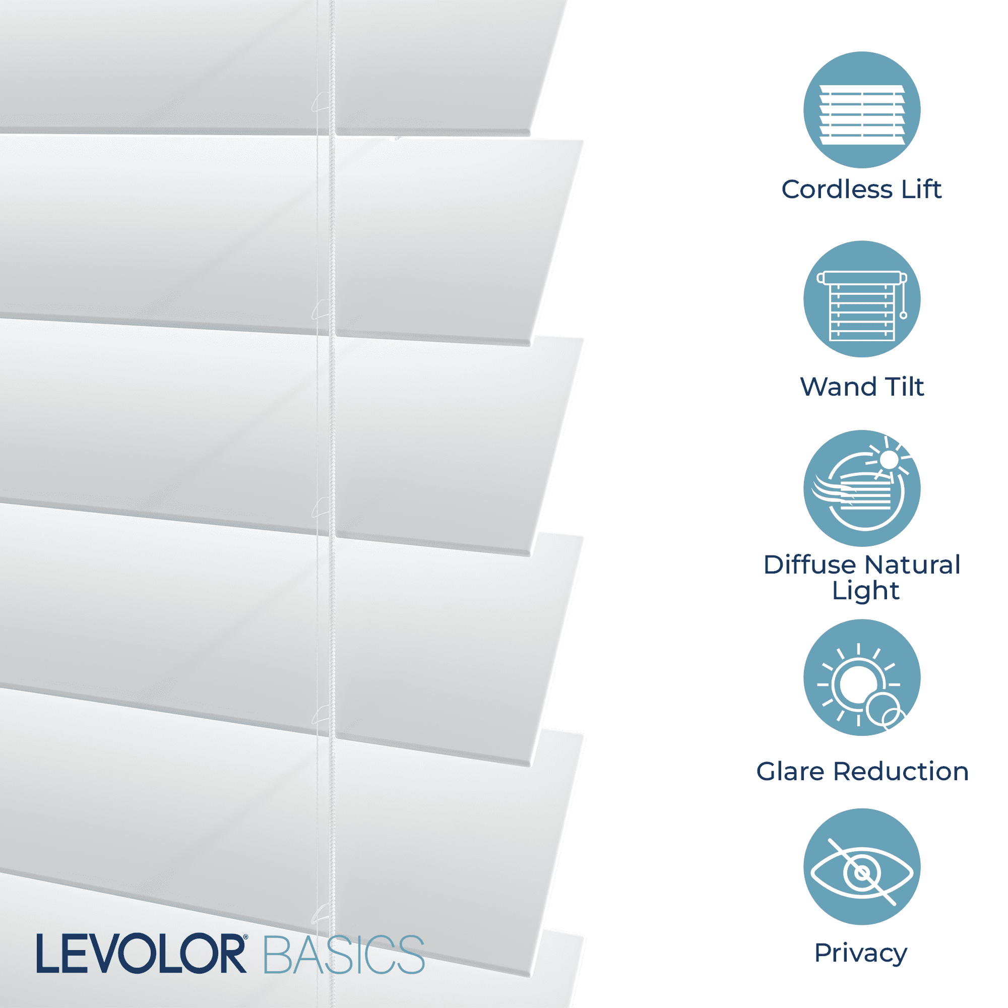LEVOLOR BASICS 2" Cordless Faux Wood Blinds, White, 47" Width x 64" Length