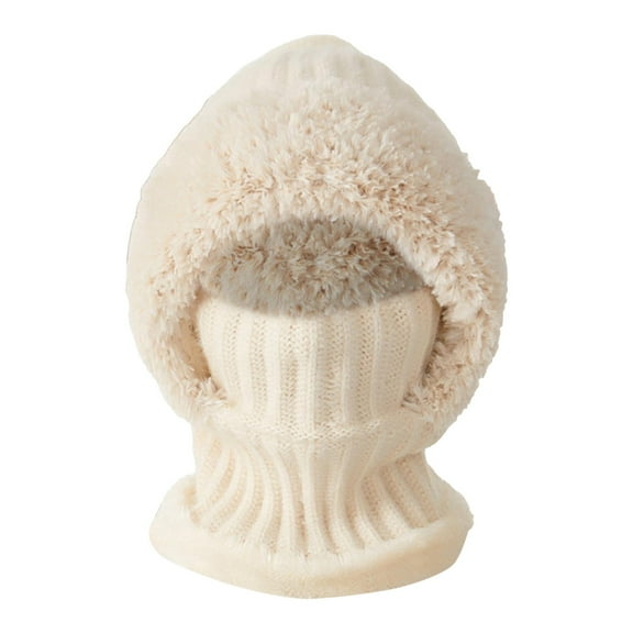 Lispipm Womens Knitted Hat with Pompom Winter Windproof Face Hooded Scarf Hats Soft Warmth Furry Beenie Gift for Ladies Beige M