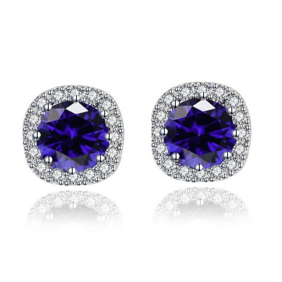 Paris Jewelry Men|Women 14k White Gold Plated 4 Ct Round Blue Sapphire Halo Stud Earrings