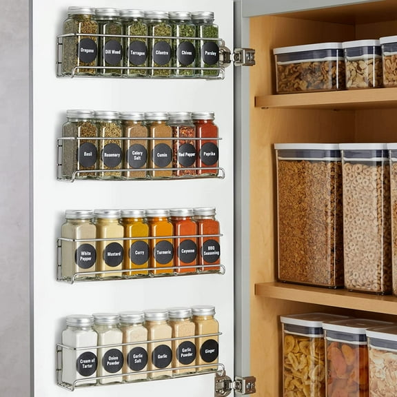 Spice Rack Organizer - 4 Stainless Steel Wall-Mounted Racks - 24 4 oz Glass Jars & 269 Preprinted Labels, Chrome - Kitchen & Cabinet Seasoning Organizer for Space Saving Spice Storage