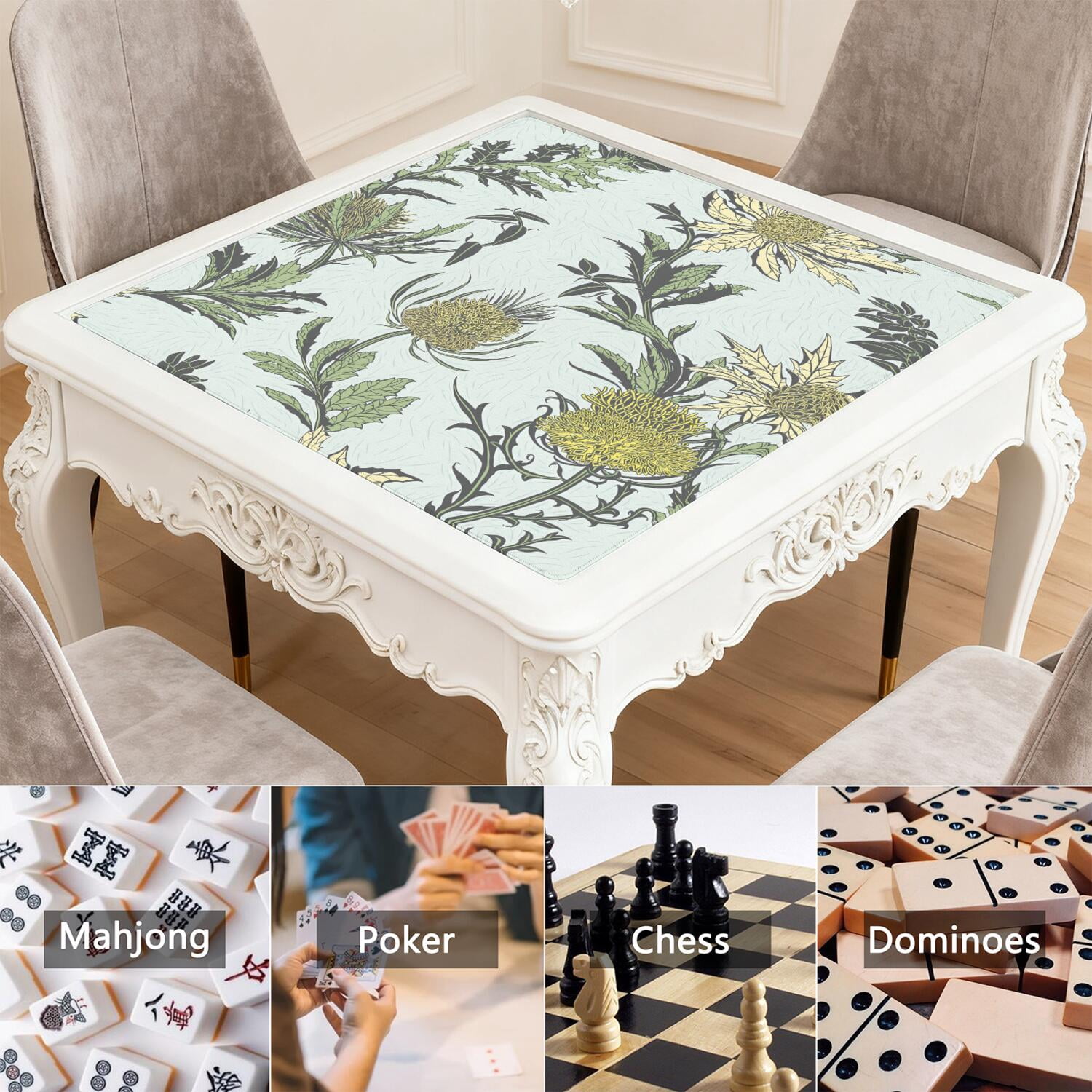 Floral Mahjong Tile Playing Mat 31.5 Inch Square High Quality Rubber Material with Anti-Slip Properties for Table Top Gaming