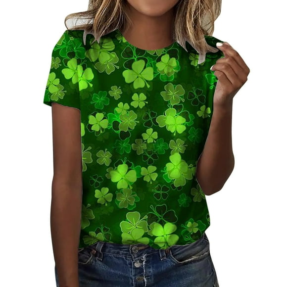 QIPOPIQ Women's Short Sleeve Crew Neck Shirts St. Patrick's Day T Shirts Tops Shamrock T Shirt Green Shirt Tunic St Patricks Day Shirts Printed Ladies Round Neck Holiday Shirts Graphic Tees Deals
