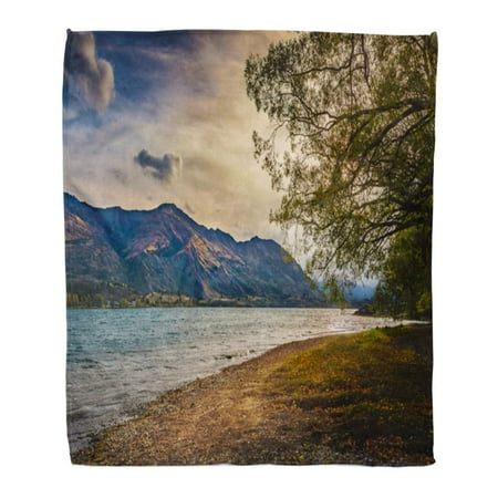 Lakeside Sofa Shops ASHLEIGH Throw Blanket Warm Cozy Print Flannel Sunset on Lakeside of Wanaka New Zealand with Mountain Golden Sky and Lake Comfortable Soft for Bed Sofa and Couch 58x80 Inches ()