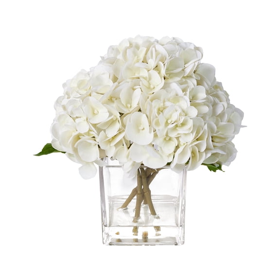 DR.Planzen 12in Artificial Hydrangea Flowers with Glass Vase, Hydrangea Artificial Flowers White Faux Hydrangea Arrangement - 90 Blooms Full Hydrangea Centerpiece for Home Table Wedding Decor Indoor