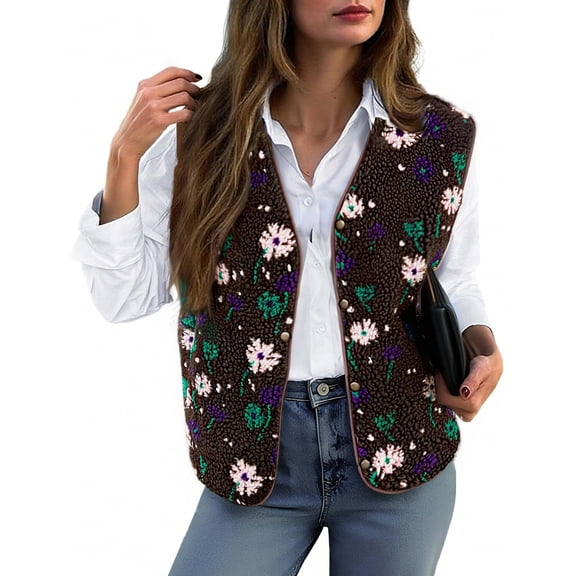 Puffer Vest Women Stand Collar Sleeveless Fall Jackets Zip Up Puffy Outerwear Womens Fuzzy Fleece Fall Floral Sleeveless Jacket Lightweight Button Down Warm Outerwear With Pockets Coffee L