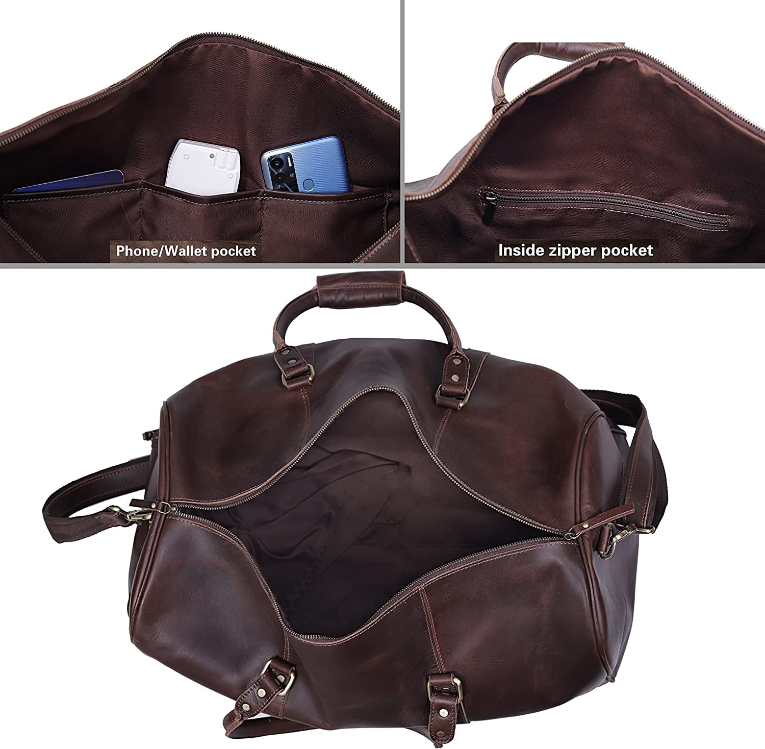Leather Travel Bag ,Weekender Overnight Bag Leather Large Carry On Bag Travel Tote Duffel Bag for Men & Women (Dark Brown)