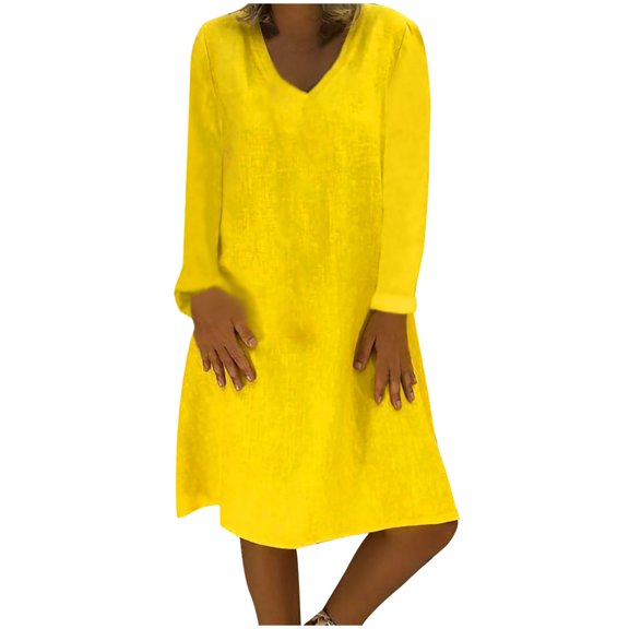 Odeerbi Cotton Linen Dresses for Women Trendy Casual Solid Dress V-Neck Long Sleeve Dress Yellow