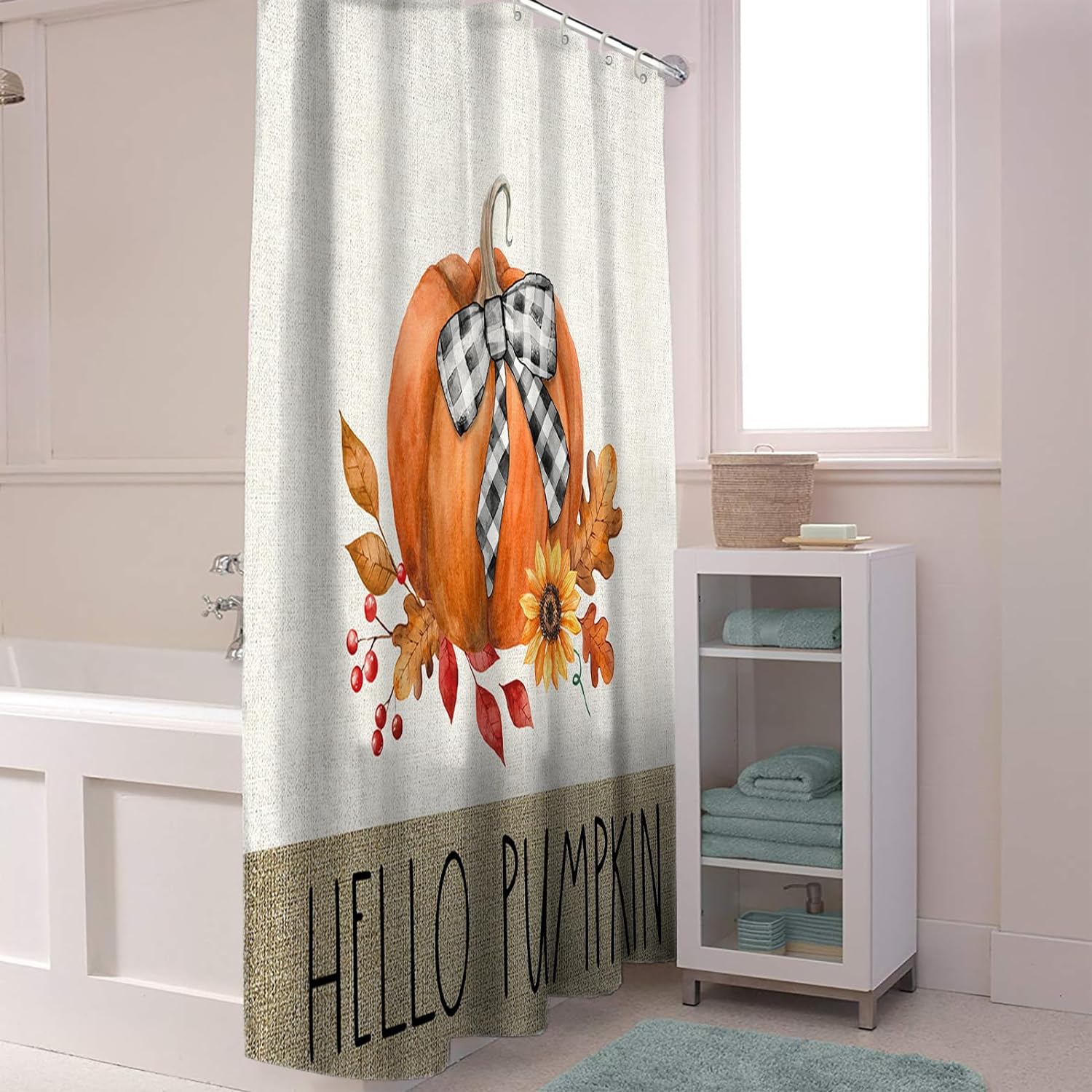 Fall Shower Curtain Hello Pumpkin Shower Curtains for Bathroom Autumn Leaves Sunflower Bath Curtains Sets for Autumn Thanksgiving Seasonal Bathroom Decor Polyester Fabric Waterproof 72 x 72 in