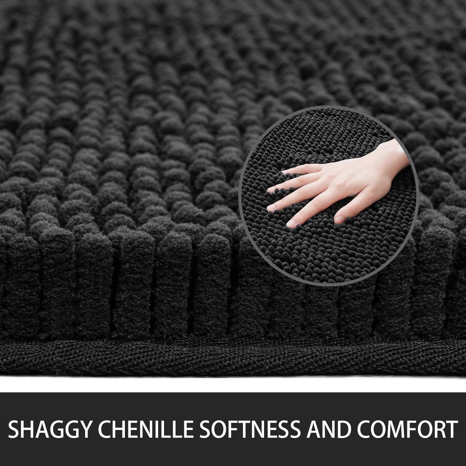 Junovo Soft Luxury Chenille Bathroom Mats, Non-Slip and Absorbent Throw Rugs for Bath Tub, Plush Microfiber Shower Rug,24"x36",Black